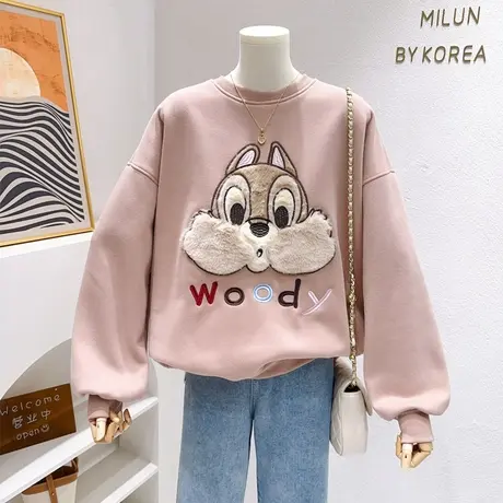 微胖显瘦穿搭~秋冬款ins奶糥毛毛松鼠加绒卫衣宽松休闲摇粒绒上衣图片