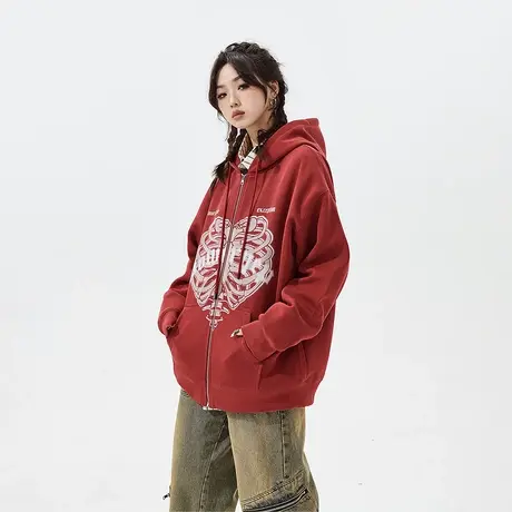 YEP美式复古酒红色开衫连帽卫衣女秋冬2023新款潮牌印花宽松外套图片