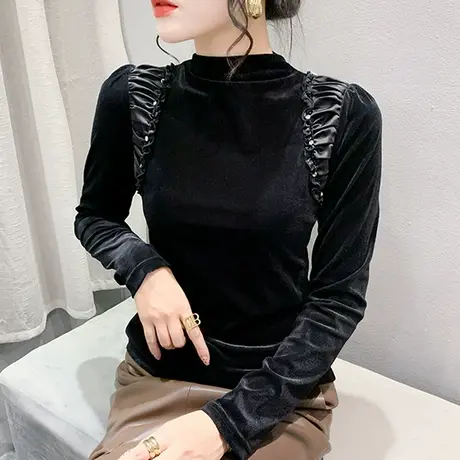 时尚半高领丝绒T恤女长袖钉珠烫钻拼接木耳边上衣气质修身打底衫商品大图