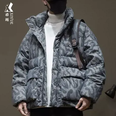 希越新国标羽绒服男冬季潮牌拼色白鸭绒外套宽松大码无帽立领棉服商品大图