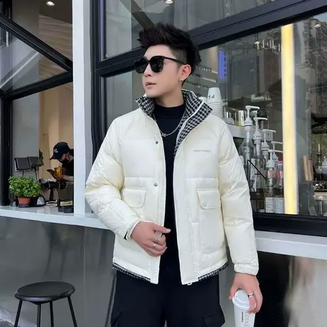 羽绒服男冬季潮牌短款个性拼接格子假两件工装立领白鸭绒外套冬装图片