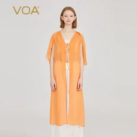 VOA轻盈乔其纯桑蚕丝橘黄色飘逸飞飞袖绑带真丝开衫外套图片
