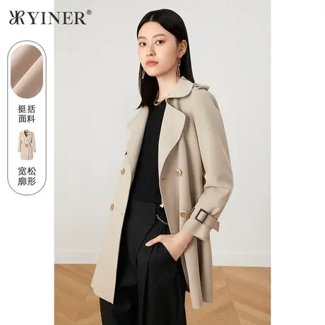 *YINER音儿奥莱女装秋季西装领双排扣风衣外套商品大图