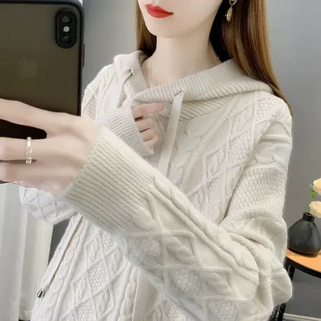 连帽衫针织衫女士百搭套头长袖毛衣女2023春装新款加厚系带上衣女图片