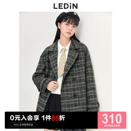 乐町格纹西装外套女休闲秋冬新款复古甜美英伦廓形格子毛呢大衣潮图片