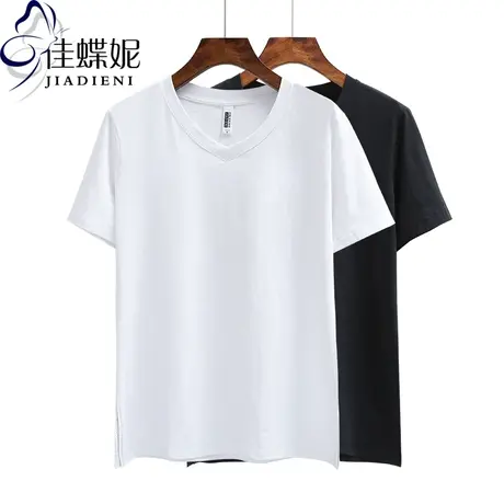 夏季韩版V领竹节棉T恤纯色宽松纯棉单边开叉短袖体恤打底衫女装商品大图