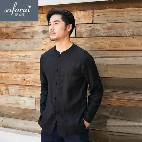 亚麻衬衫男长袖宽松中国风男装立领上衣棉麻休闲男士纯色大码衬衣商品大图