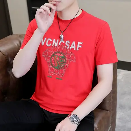 纯棉t恤短袖男士2023夏季圆领薄款烫钻半袖衣服冰感380gT恤打底衫商品大图