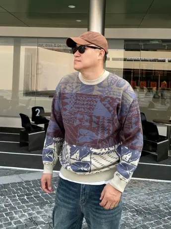 DAEVU冬新款复古花宽松大号潮胖加肥加大码男士长袖套头圆领毛衣商品大图