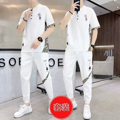 中国风男装夏季薄款t恤冰丝感棉麻休闲复古V领唐装搭配裤子两件套商品大图