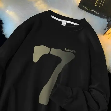 350g重磅卫衣男秋冬款长袖t恤黑色上衣服美式休闲圆领套头无帽衫商品大图