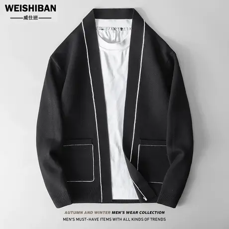 2022秋冬季撞色明线针织开衫外套男潮流V领休闲多袋线衣痞帅外穿商品大图