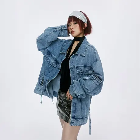 美式潮牌水洗牛仔外套女春秋2023新款宽松复古设计感小众夹克上衣图片