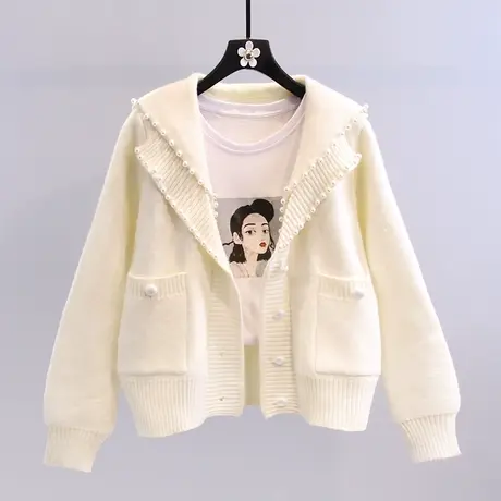 小香风手工钉珠海军领毛衣外套女秋冬2023新款日系学院风针织开衫图片