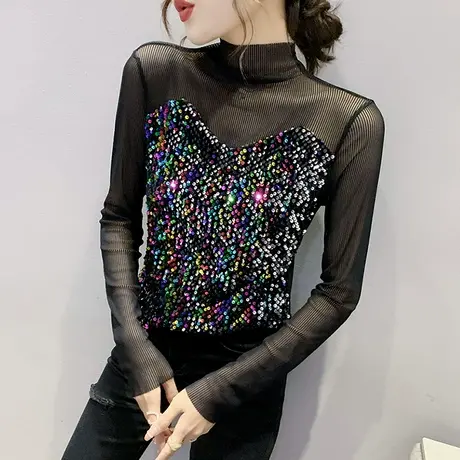 网纱拼接性感长袖T恤女2024春秋新款撞色闪亮片上衣洋气打底衫潮商品大图