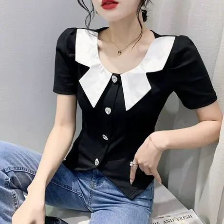 时尚小香风T恤女短袖夏天2024新款设计感拼色小衫修身开叉上衣ins商品大图