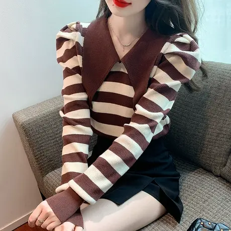 娃娃领条纹针织衫女秋冬设计感小众灯笼袖打底衫气质显瘦毛衣套头商品大图