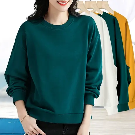 中年女士卫衣纯色宽松大版遮屁股春秋绿色圆领套头百搭休闲基础款商品大图