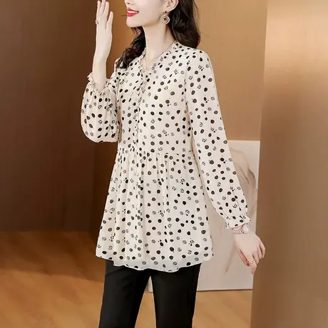 中长款雪纺衫女2023秋装新款波点印花气质减龄高级感衬遮肚子小衫商品大图