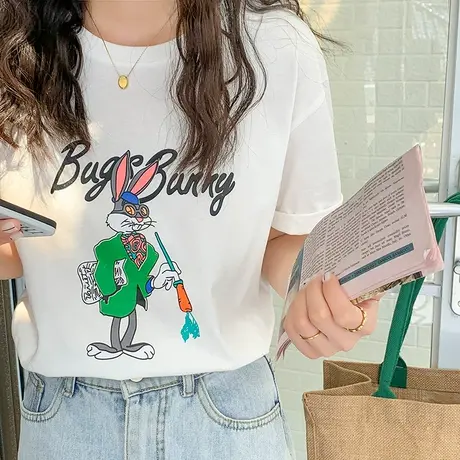 纯棉短袖T恤女夏装2023新款韩版圆领宽松卡通印花半袖薄款上衣潮商品大图