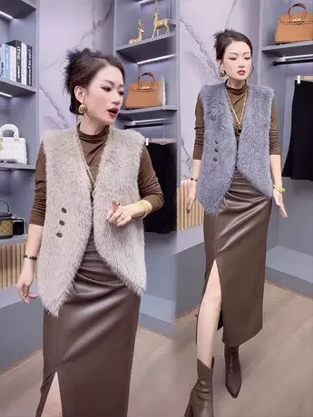 编制仿皮草马甲秋冬2023新款小香风背心外搭毛毛马夹 开叉包臀裙商品大图