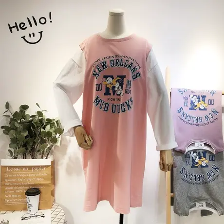 2019早秋新款韩国东大门ulzzang卡通宽松BF显瘦马甲假两件T恤大码图片