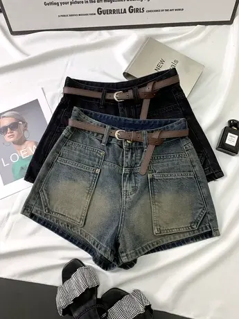 复古水洗做旧高腰大口袋牛仔阔腿裤女2023秋季新款宽松百搭短裤潮商品大图