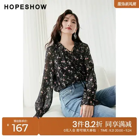 红袖outlets优雅气质上衣hopeshow2023秋装新款系带套头雪纺衬衫图片