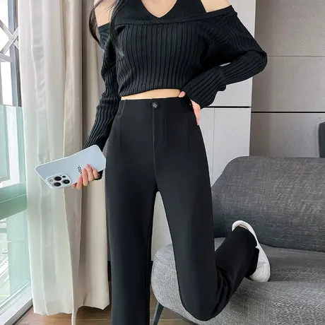 黑色微喇裤女春秋新款2024新款高腰显瘦修身弹力休闲直筒喇叭裤子图片