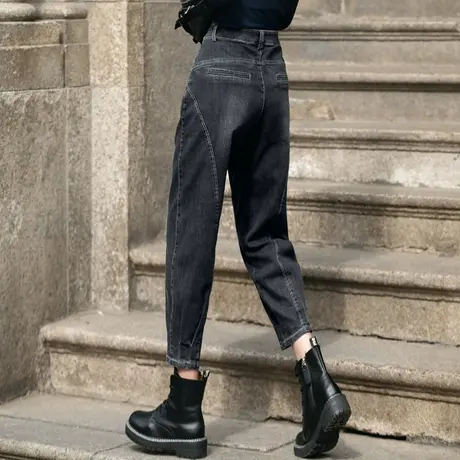 加绒牛仔裤女2024年新款秋冬季黑色九分休闲老爹裤高腰哈伦萝卜裤商品大图