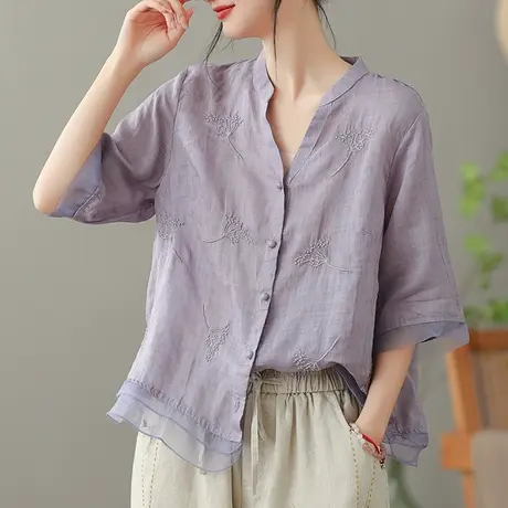 dza复古苎麻短袖衬衫女2023夏季薄款V领衬衣宽松显瘦棉麻开衫上衣图片
