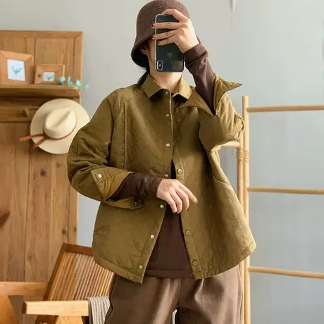 dza 复古短款翻领衬衫式棉衣外套女2023冬季新款宽松菱格棉服棉袄图片
