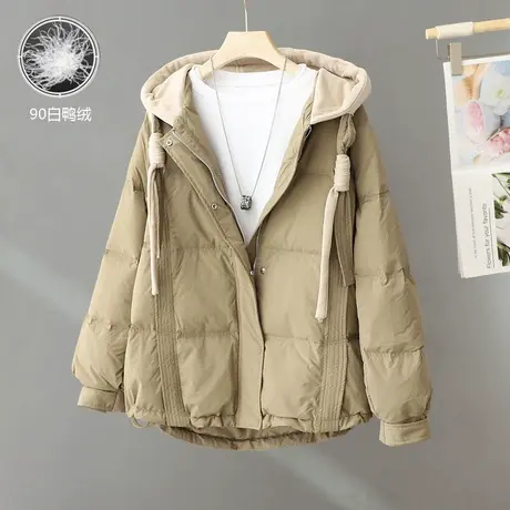 小众拼色连帽宽松羽绒服女2023新款休闲百搭面包服加厚白鸭绒外套商品大图