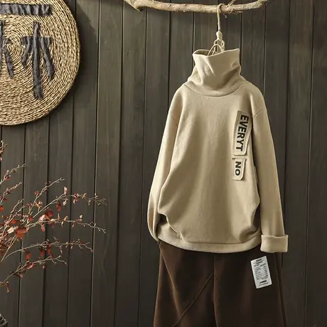 枫谜19年秋冬新款文艺简约贴布字母纯棉高领T恤衫女休闲打底上衣商品大图