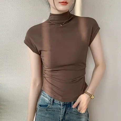 半高领飞飞袖T恤女装秋冬小众修身美拉德穿搭坎肩西装内搭打底衫图片