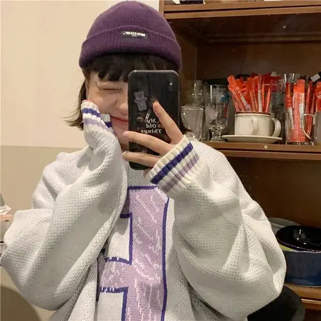 红续字母提花毛衣女复古vintage撞色温柔软糯慵懒风针织外套秋冬图片