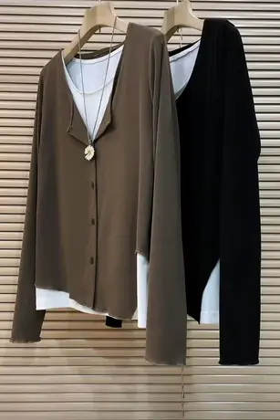 2022年早秋新款长袖T恤女宽松显瘦时尚大码假两件打底衫洋气上衣商品大图