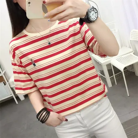 纯欲风修身条纹T恤2023夏季学生修身纯体恤白色设计感上衣女外搭商品大图