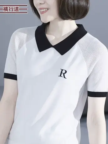 翻领字母镂空插肩袖黑色短袖刺绣宽松针织衫上衣撞色打底衫夏装女商品大图