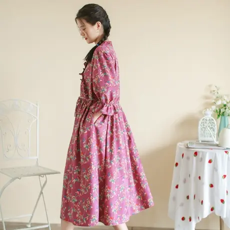 秋复古灯芯绒印花连衣裙大码V领花边五分袖图片