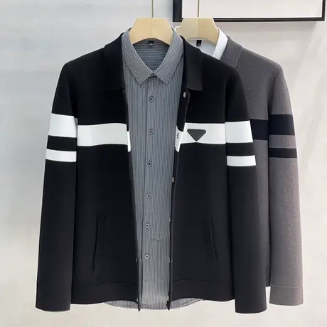 高档条纹拼接男士开衫秋冬新款针织衫休闲翻领简约毛衣夹克男外套商品大图