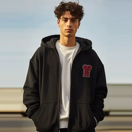 oversize春秋款宽松爱心加大码连帽加绒拉链开衫胖子卫衣男生外套商品大图