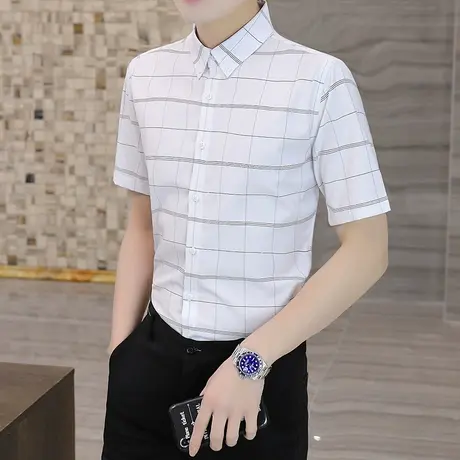 青中年男士短袖条纹衬衫男修身休闲白色格子衬衣百搭潮流帅气上衣图片