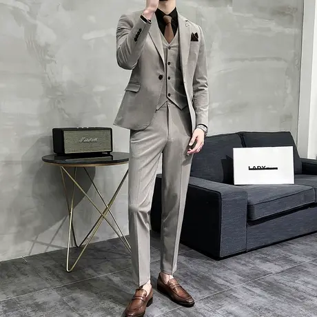 高级感气质卡其色西装男秋冬通勤西服2023年修身痞帅新郎礼服套装商品大图