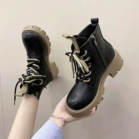 马丁靴女2024年新款秋季百搭侧拉链系带英伦风甜酷厚底机车短靴子图片