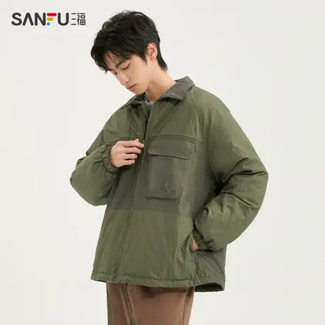 三福2023冬男士拼色工装口袋短棉衣外套 宽松翻领上衣男478818商品大图
