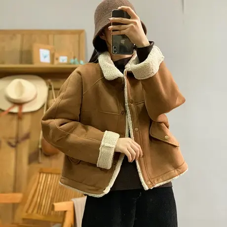 dza 复古宽松翻领加厚麂皮绒棉服外套女冬上衣保暖漂亮羊羔绒棉衣图片