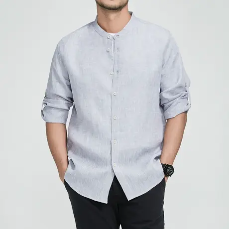 格慕施春夏装立领长袖纯色亚麻衬衫男士大码宽松透气薄款休闲寸衣商品大图