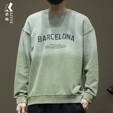 军绿色渐变水洗卫衣男士冬季宽松大码美式胖子加肥加大圆领上衣男商品大图