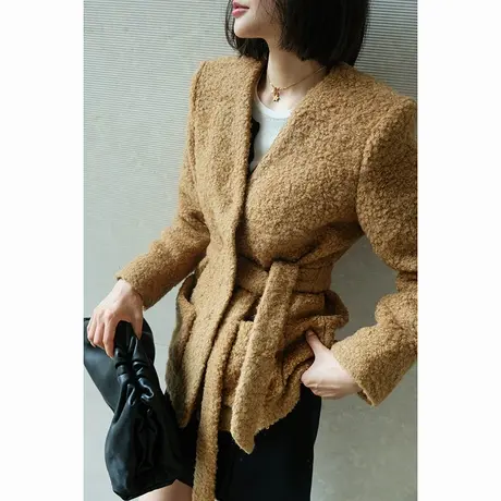 2023冬季新款大牌高级感气质帅气颗粒羊毛腰带V领外套女商品大图